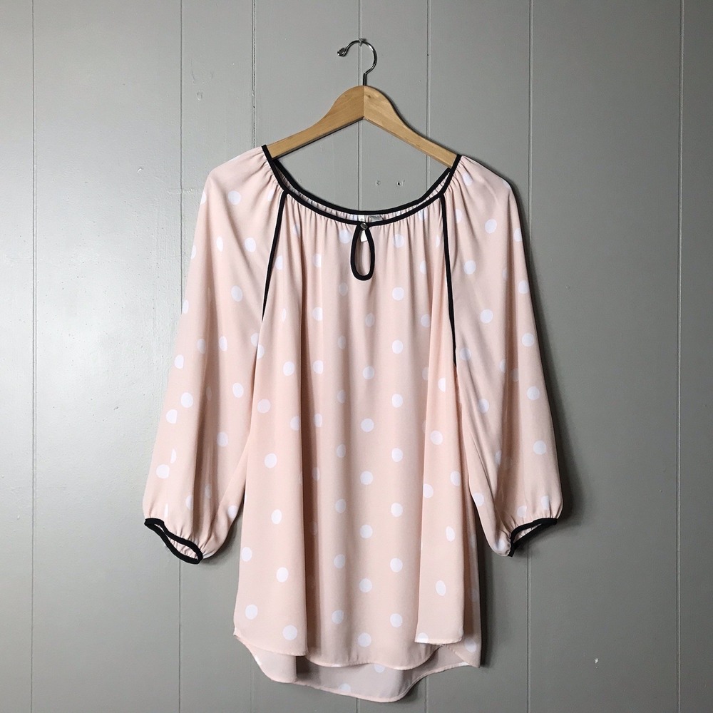 EST. 1946 PINK POLKA DOT PRINT BLACK TRIM BLOUSE KEYHOLE NECKLINE WOMENS 14 16W